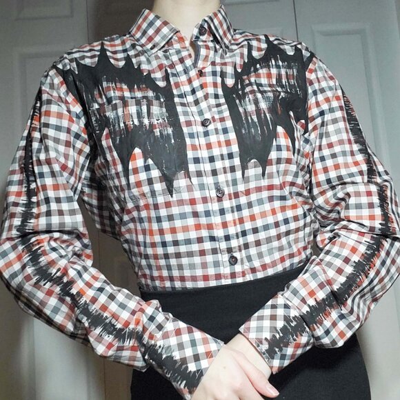The Scarecrow, a red, orange, black & white cotton  checkered button-down shirt - Picture 1 of 15